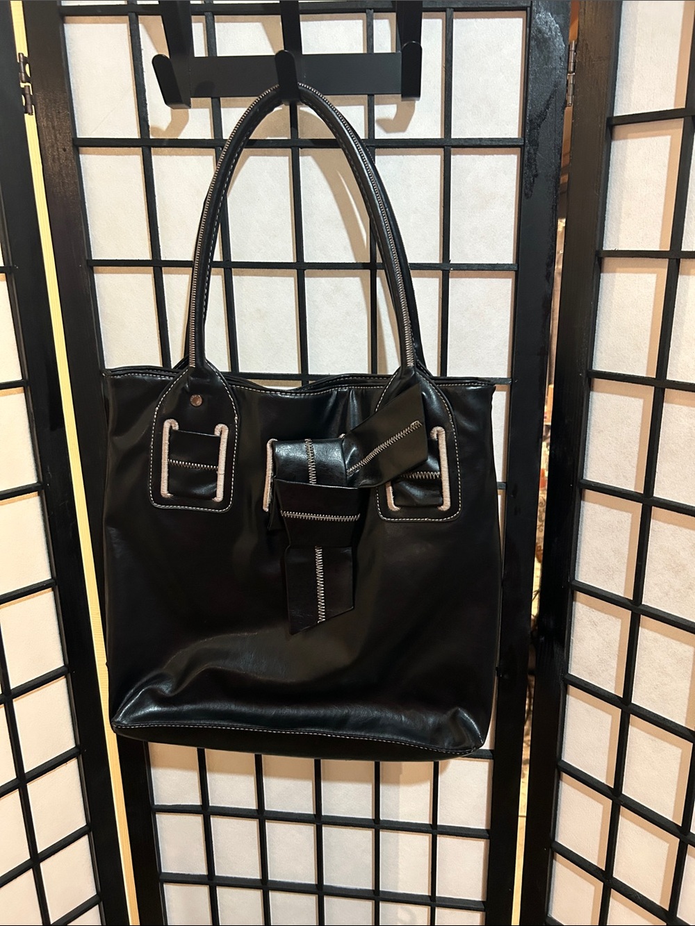 Tommy Hilfiger Black Leather Tote with Buckle Accent